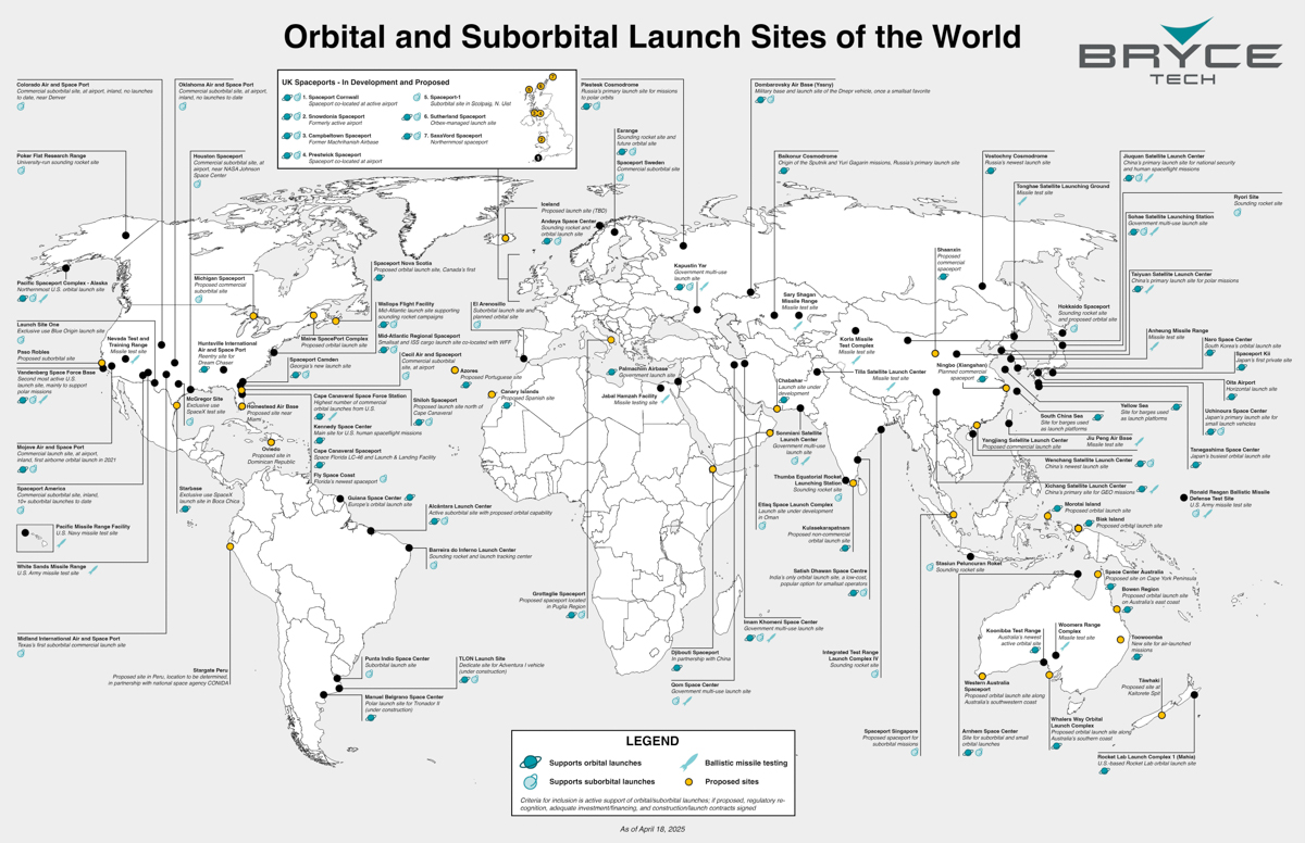 世界で運用または計画中のロケット打上げ射場(出典:BRYCE TECH「<a href="https://brycetech.com/reports/report-documents/Bryce_Launch_Sites_2025.pdf">Orbital and Suborbital Launch Sites of the World</a>」より)