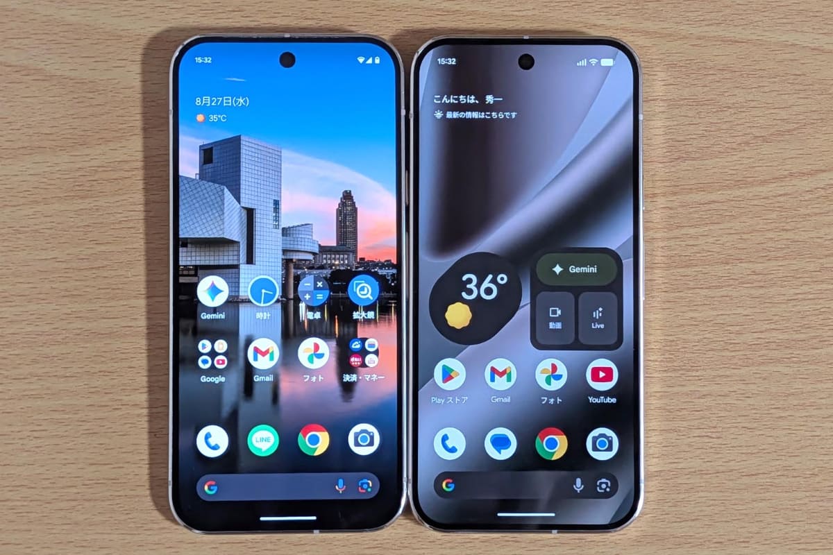 前モデルであるPixel 9 Pro(左)とPixel 10 Proの比較。画面サイズも含めて、よく似ている