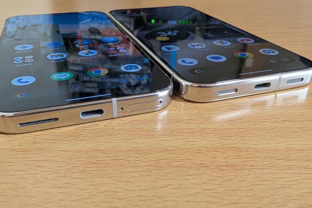 Pixel 9 Pro(左)は、USB Type-C端子の横にSIMカードトレイがある