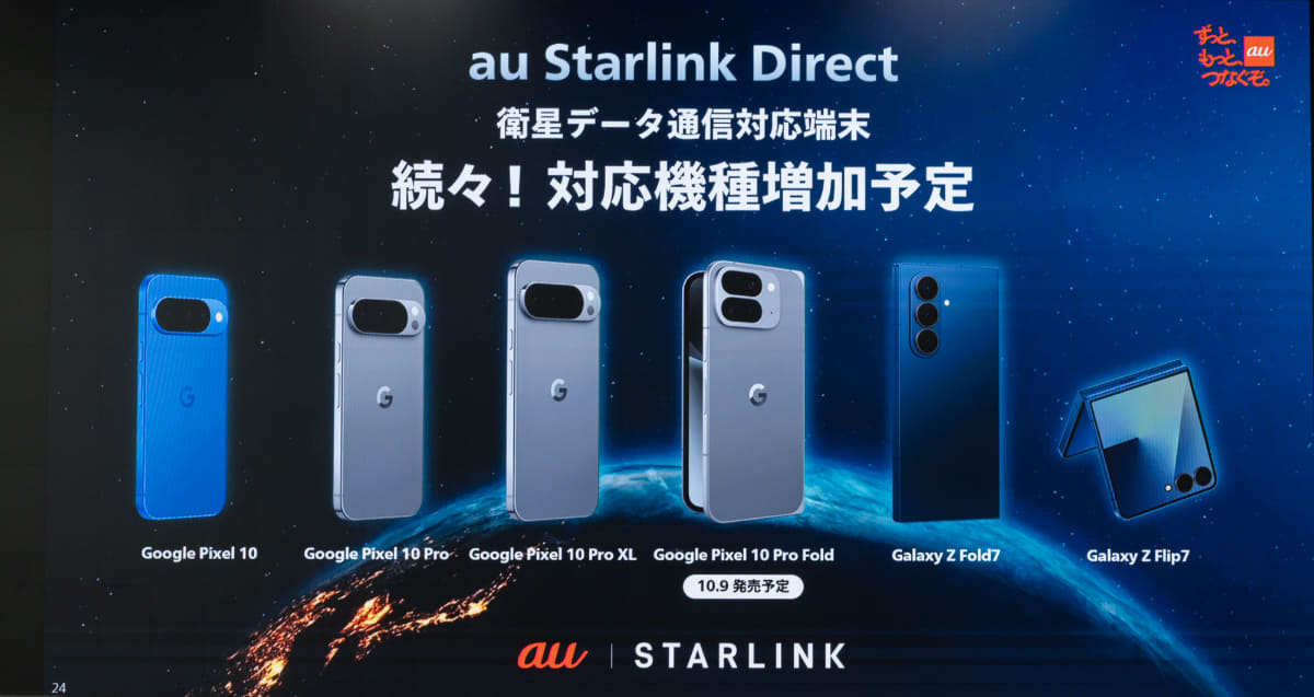 au Starlink Directにて対応アプリでデータ通信が行なえる端末
