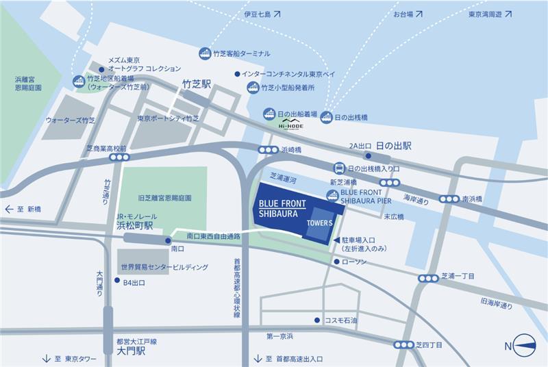 アクセスマップ。所在地は東京都港区芝浦一丁目1番1号 他