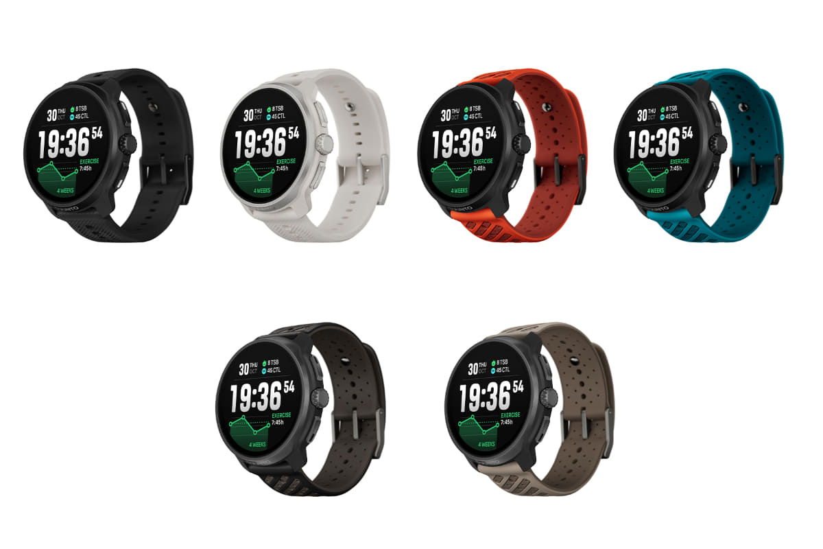 上段左からステンレススチールのオールブラック、フェザーグレー、コーラルオレンジ、ウェーブブルー。下段左からチタンのブラック、チタニウムトレイル