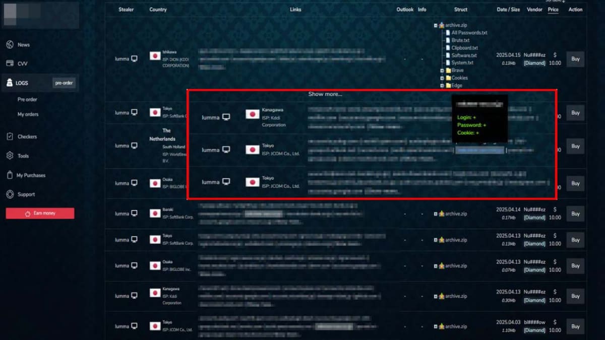 ダークウェブでの認証情報などの販売の様子。日本のサービスのアカウントも販売されている