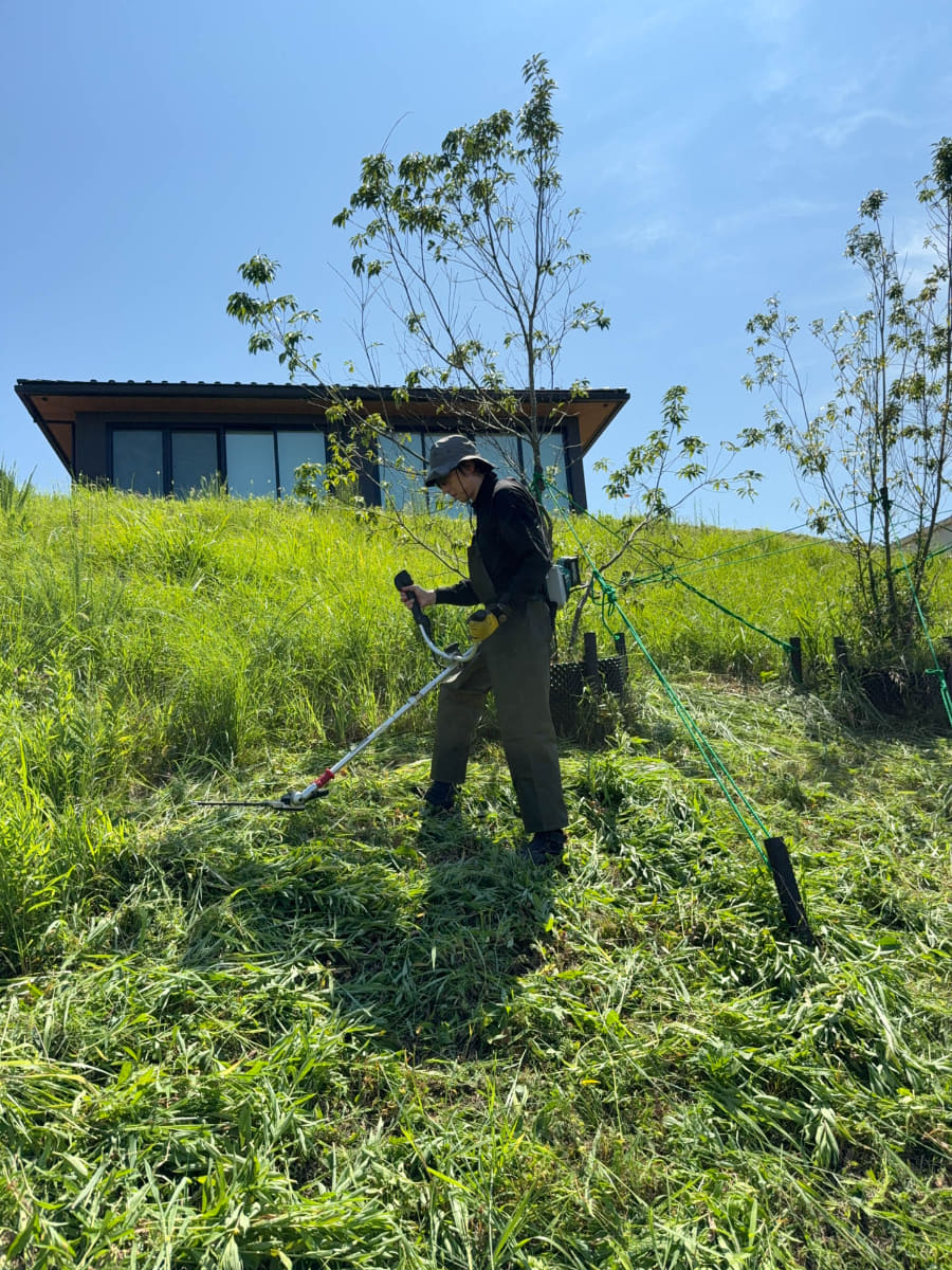 斜面は安息角ギリギリの30度くらい。山林作業用のスパイク安全靴でないと作業できないし、それでも足腰への負担がハンパない