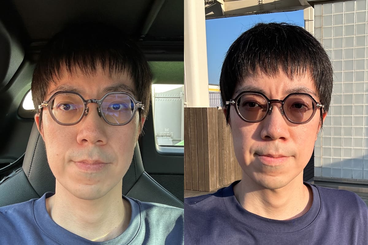 変化のイメージ。屋外に出て直射日光を浴びると、体感20秒ぐらいで右の状態(濃度MAX)に