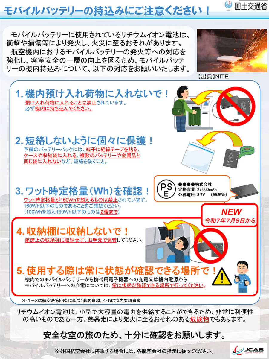 モバイルバッテリーの機内持ち込みの新ルール(出典：国交省)
