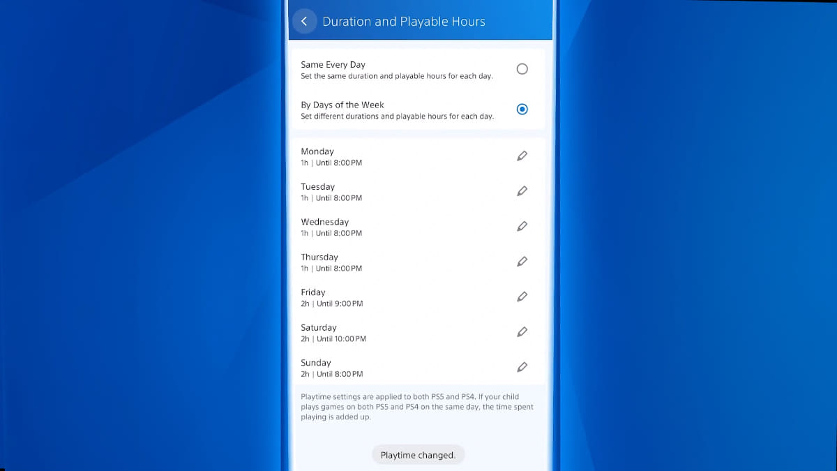 曜日ごとのプレイ時間設定