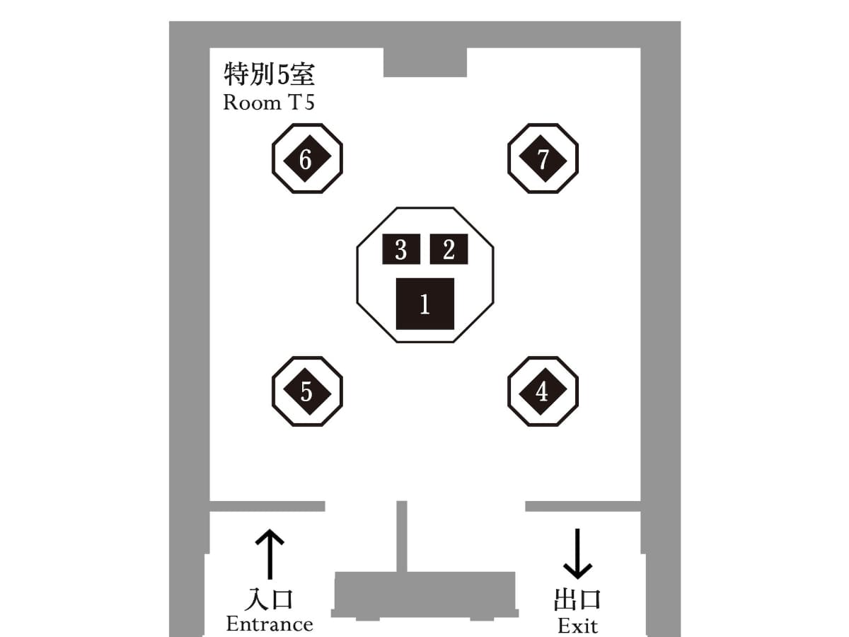 会場図。作品リストより。1が弥勒如来坐像、2と3が無著と世親の菩薩立像、そして4〜7が四天王像