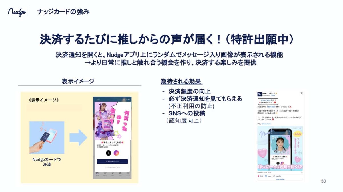 決済時に即時利用通知が届くが、不正利用対策としても有効とされている。ただ、チェックされないことも多いとして、推しの画像をランダムで表示することで、通知を開きやすくした