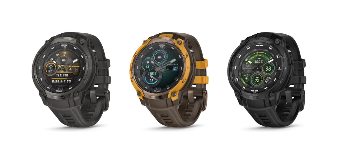 左から、Instinct Crossover AMOLED Charcoal Grey、Instinct Crossover AMOLED Sunburst/Cocoa、Instinct Crossover AMOLED Tactical