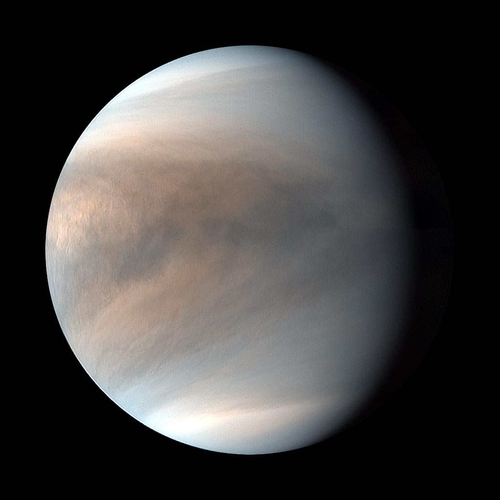 2018年3月30日に「あかつき」が撮影した金星の昼面合成擬似カラー画像(出典：JAXA)