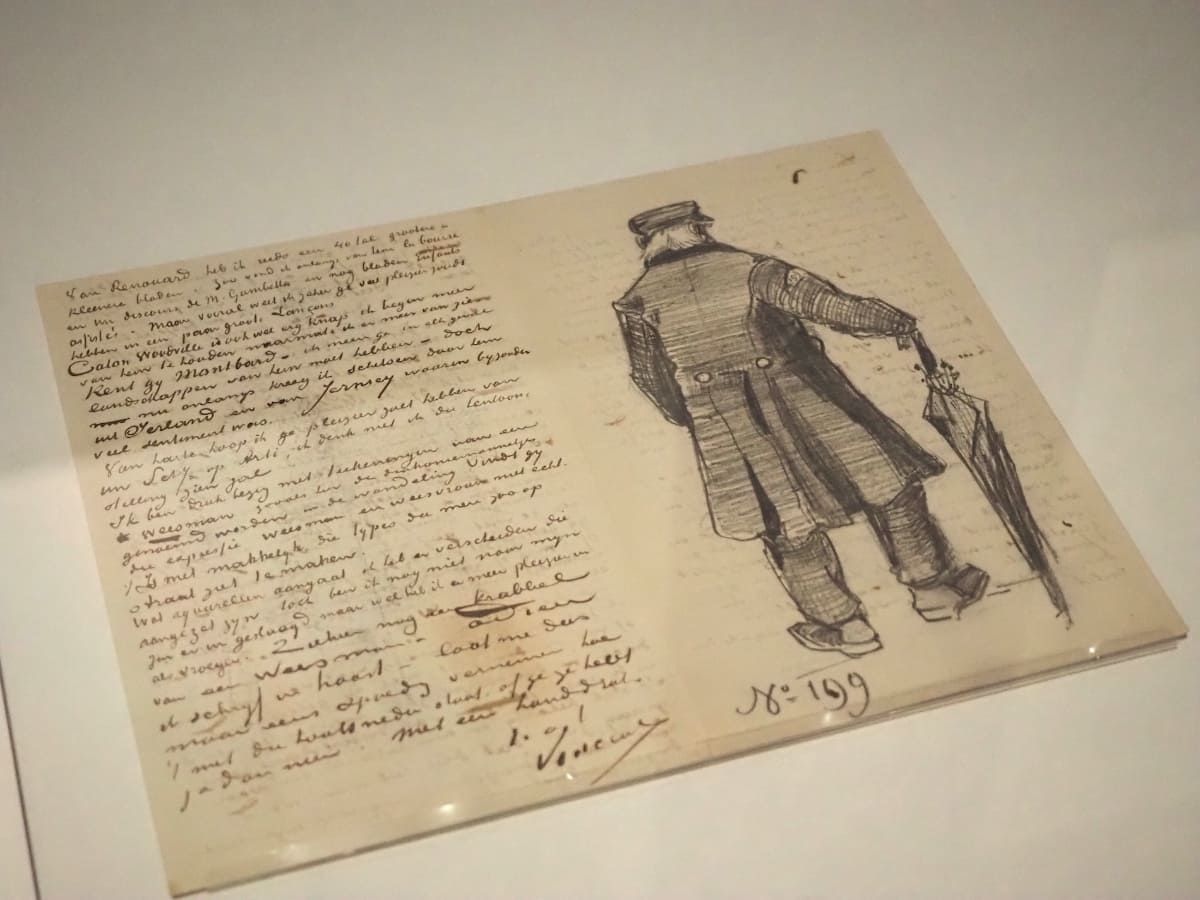 フィンセント・ファン・ゴッホ《傘を持つ老人の後ろ姿が描かれたアントン・ファン・ラッパルト宛ての手紙》1882年9月23日頃、ハーグ。ファン・ゴッホ美術館、アムステルダム(フィンセント・ファン・ゴッホ財団)