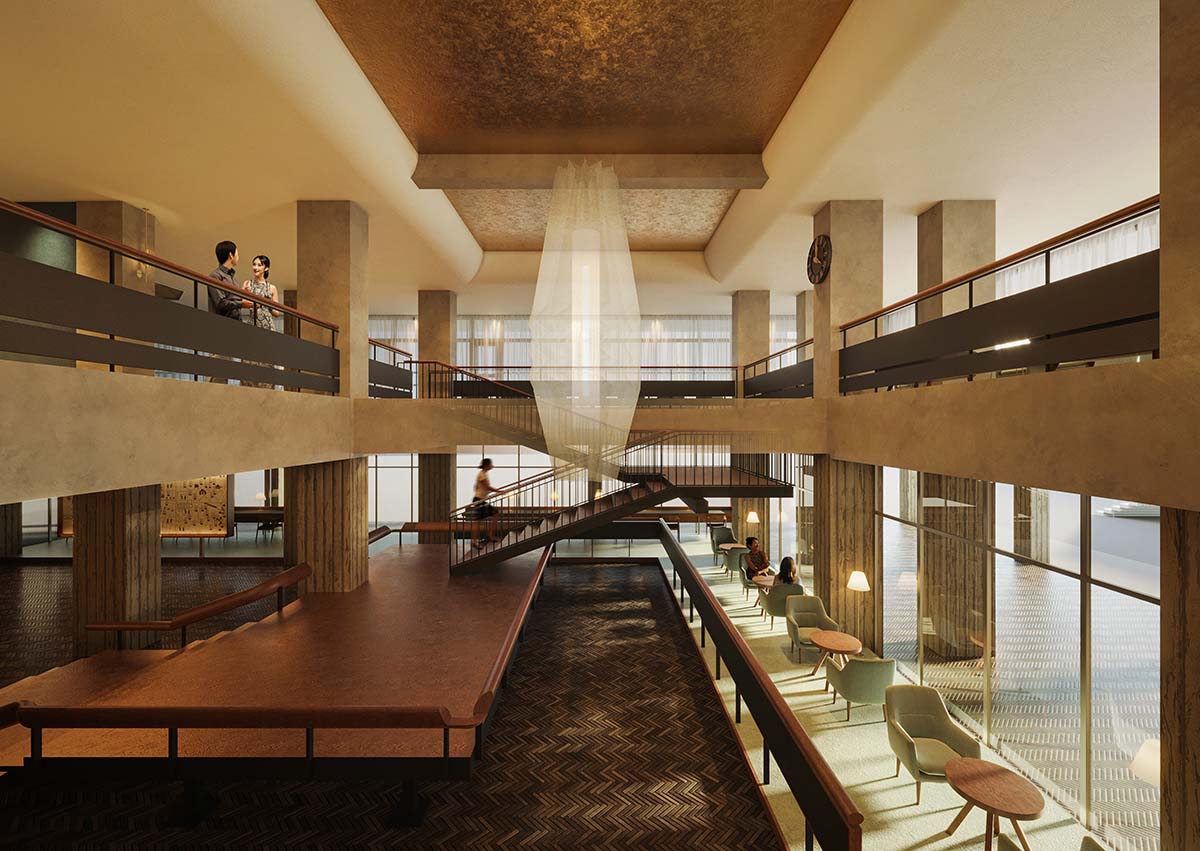 元市民広間大階段を復元・再製作したホテルロビー