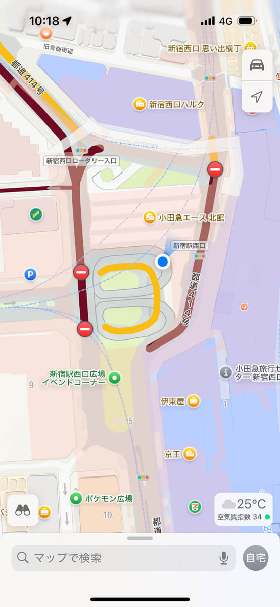 iPhoneの純正マップアプリでは、通行不可となったことをわかりやすく明示