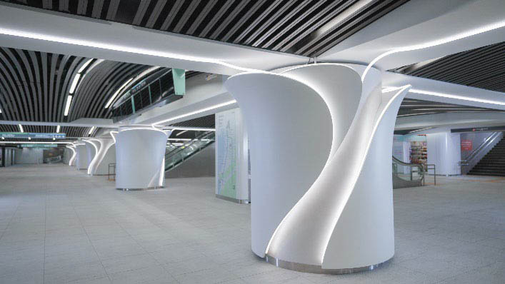 曲線的な柱デザインとライン照明