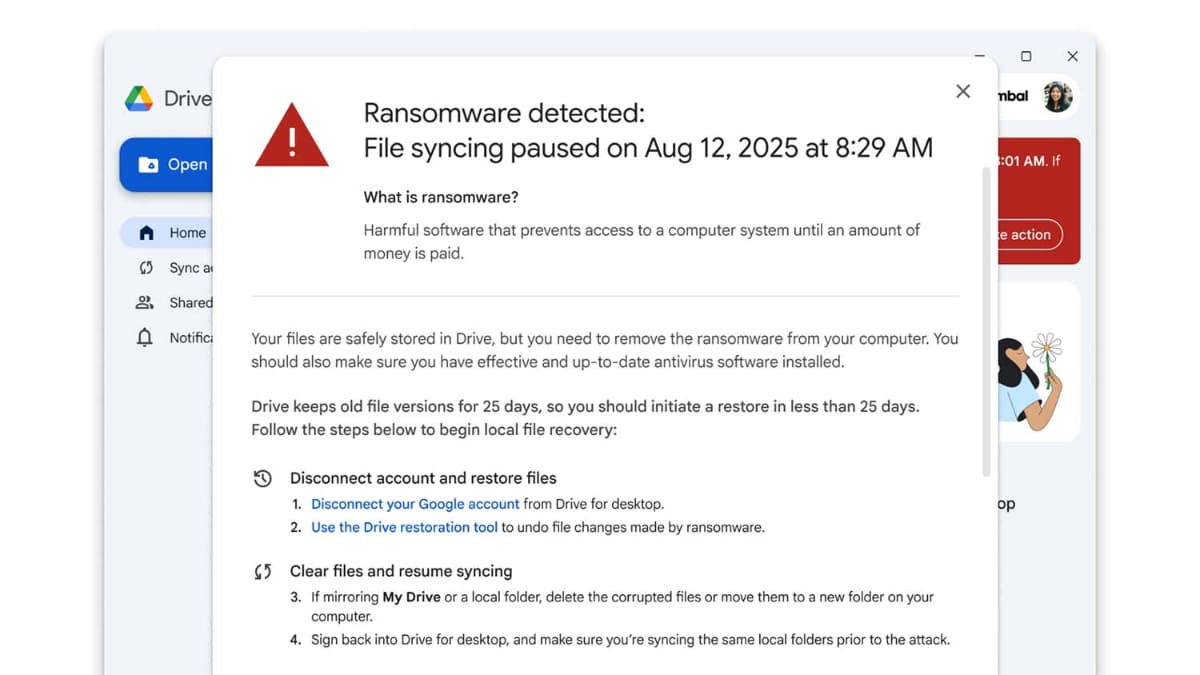 ランサムウェアが検出されると、パソコン版Google ドライブから通知が行なわれ、同期は停止される
