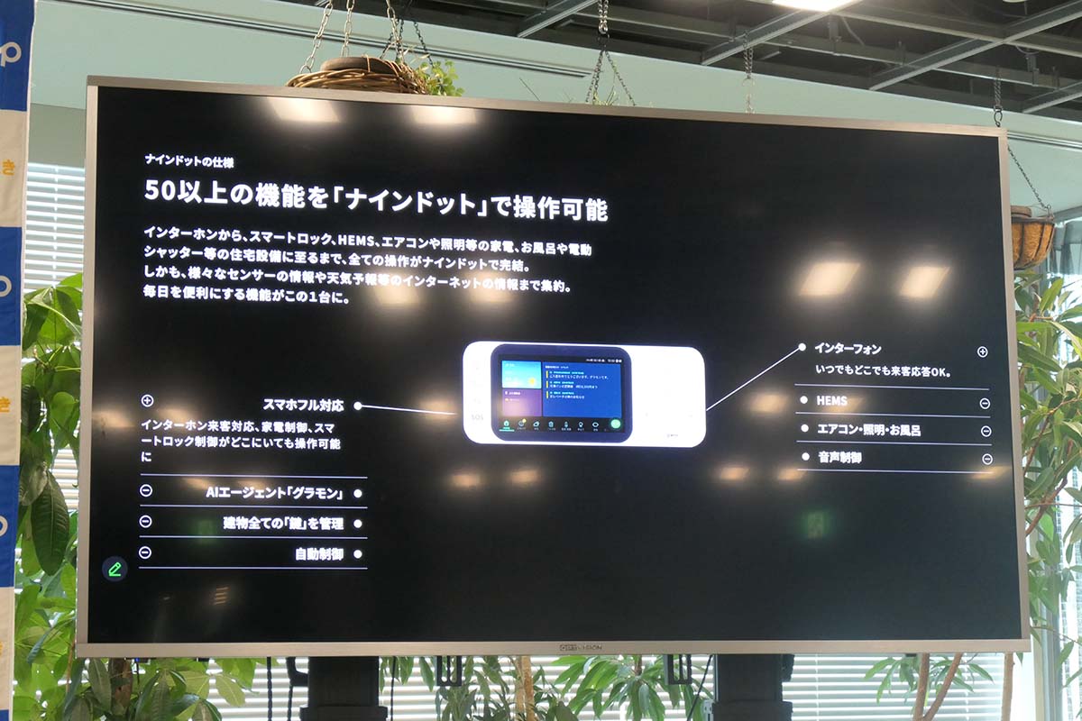 ナインドットの機能。インターホンと同等の機能を備えながら、スマートロック、エアコンやテレビ、照明など、家電の操作にも対応