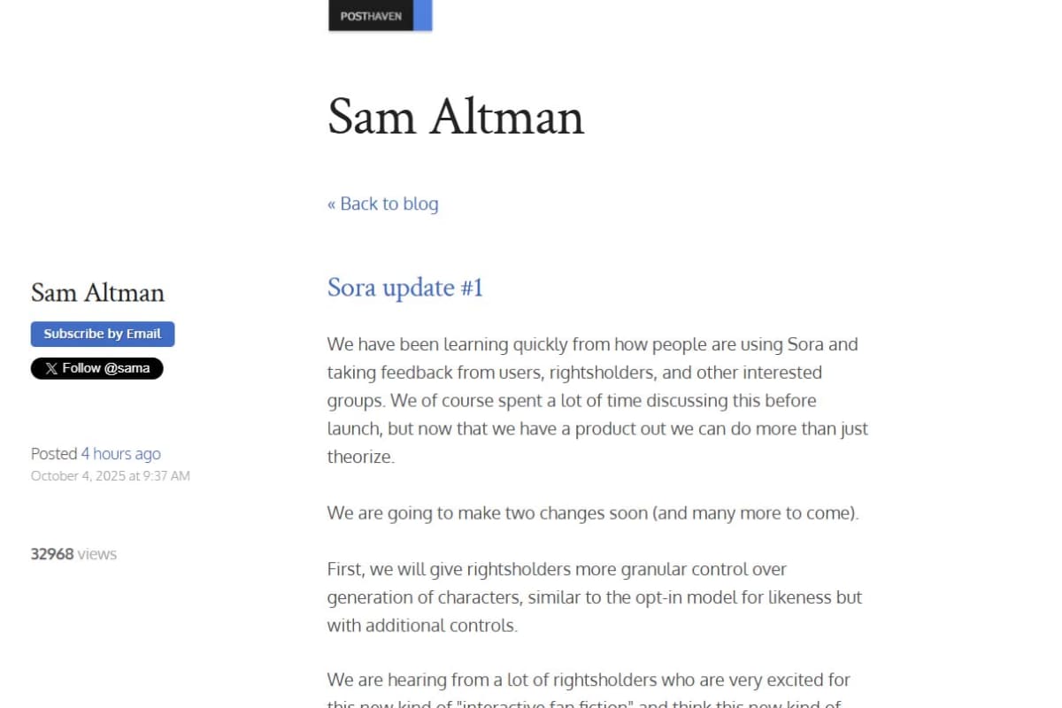 <a href="https://blog.samaltman.com/sora-update-number-1">アルトマン氏の投稿「Sora update #1(」</a>