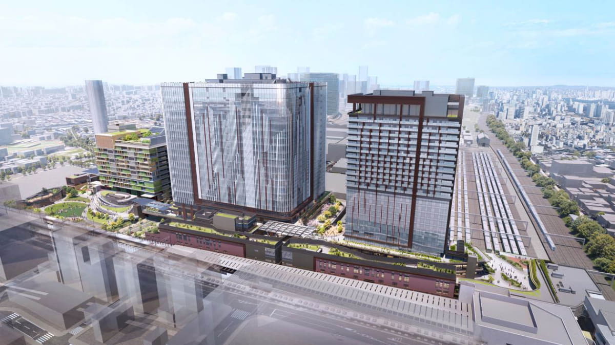 OIMACHI TRACKS(右・中)と品川区新庁舎(左)イメージ。品川区新庁舎は2029年9月開庁予定