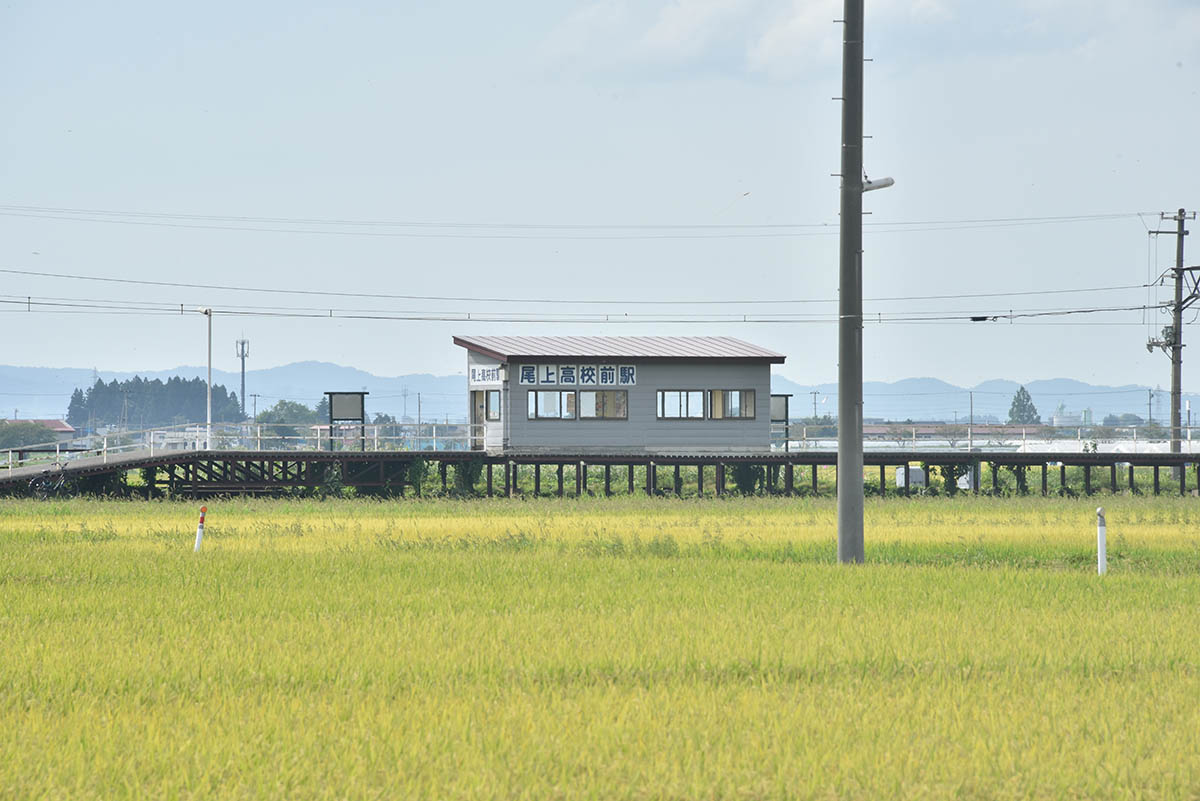 水田地帯の中に所在する尾上高校前駅