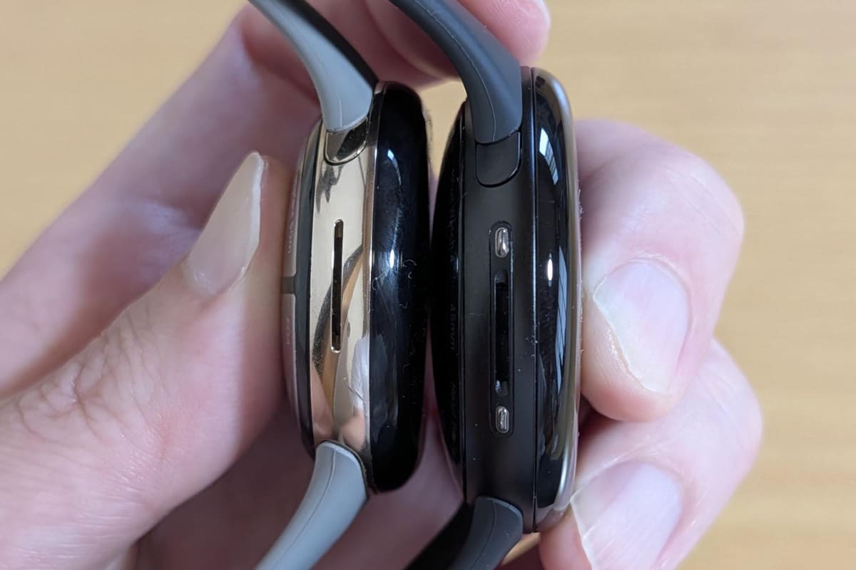 リューズの反対側。横長のスピーカー穴がありますが、Pixel Watch 4のみ、その横に充電端子があります