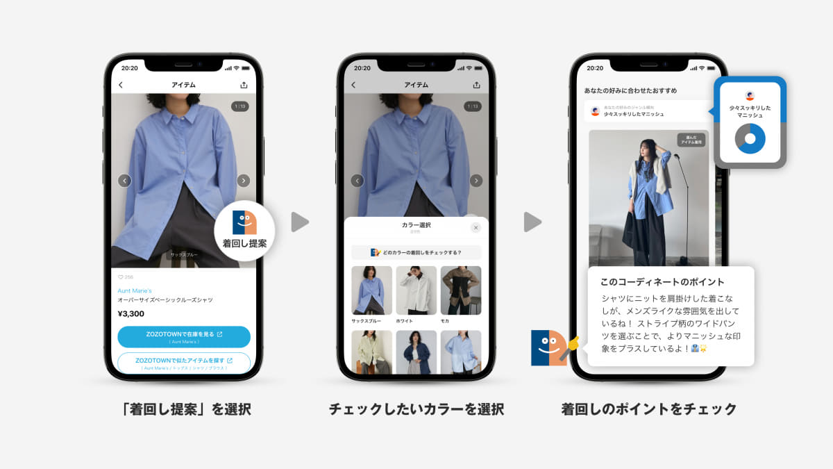 アイテムを選択すると、ファッションに特化したAIが好みに合わせた着回しを提案する