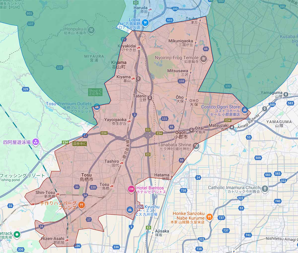 福岡県小郡市。佐賀県鳥栖市、基山町