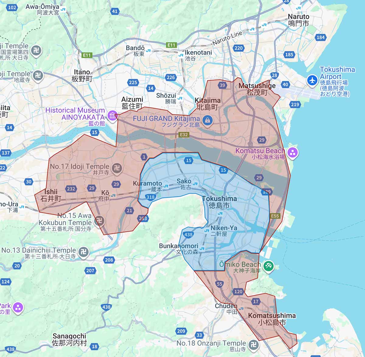 徳島県徳島市(石井町、北島町、松茂町、藍住町の一部エリア含む)、小松島市