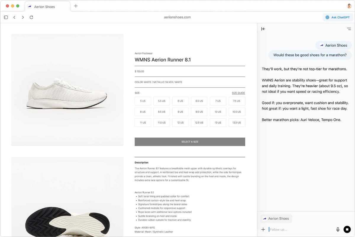 ChatGPT サイドバーを開いて、記事要約や製品を比較などが可能