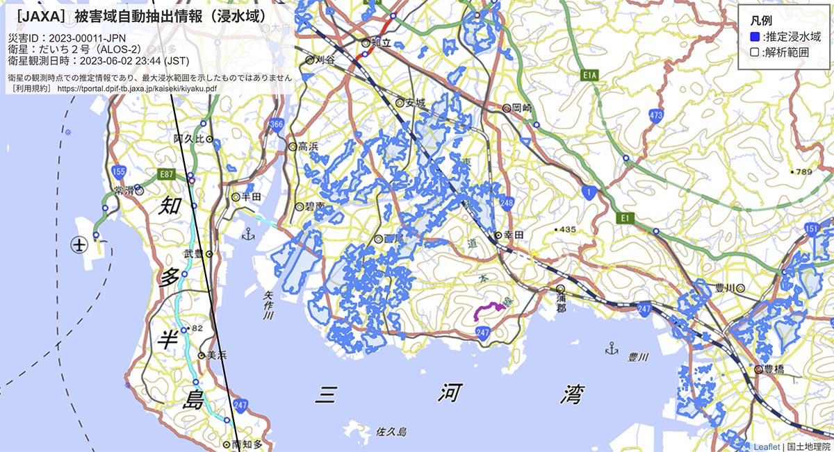 JAXAが「だいち2号」で観測したデータを自動解析した浸水被害推定域