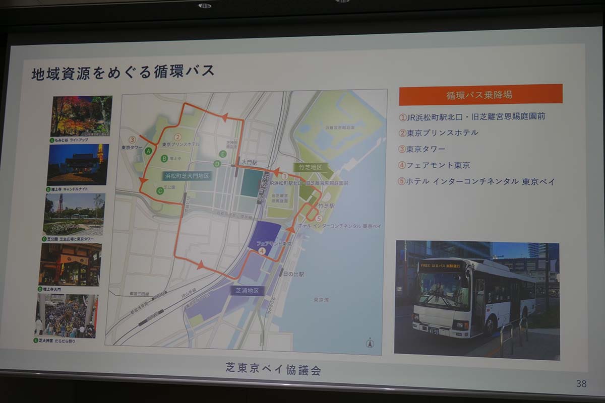 JR浜松町駅北口・旧芝離宮恩賜庭園→東京プリンスホテル→東京タワー→フェアモント東京(BLUE FRONT SHIBAURA)→インターコンチネンタル 東京ベイを循環する