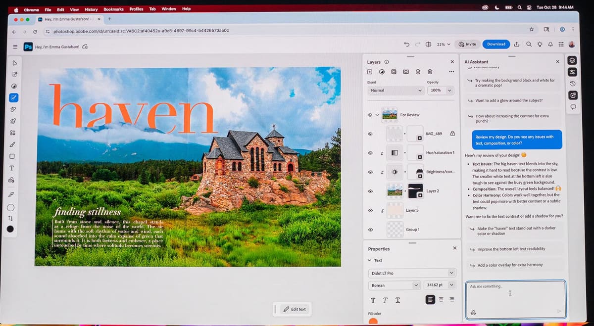 PhotoshopでのAIアシスタント利用例。文字挿入や重ね合わせなどを、右側のプロンプトで作業