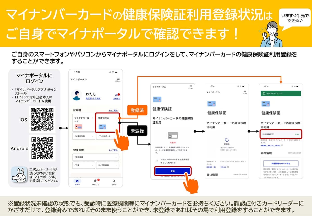 マイナンバーカードの健康保険証の利用登録状況はマイナポータルから確認できる