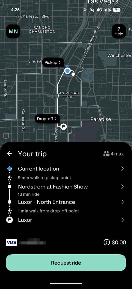 Zoox乗車用アプリ。使い方はライドシェアアプリとほぼ同じ。
