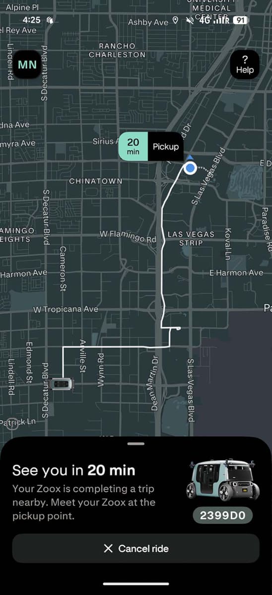 Zoox乗車用アプリ。使い方はライドシェアアプリとほぼ同じ。