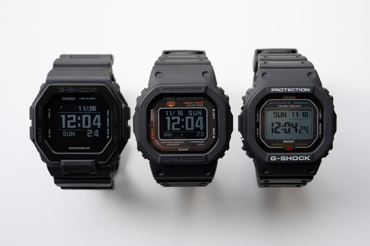 MIP液晶搭載製品。左からG-LIDE「GBX-100NS-1JF」、G-SQUAD「DW-H5600-1JR」、「GW-BX5600-1JF」