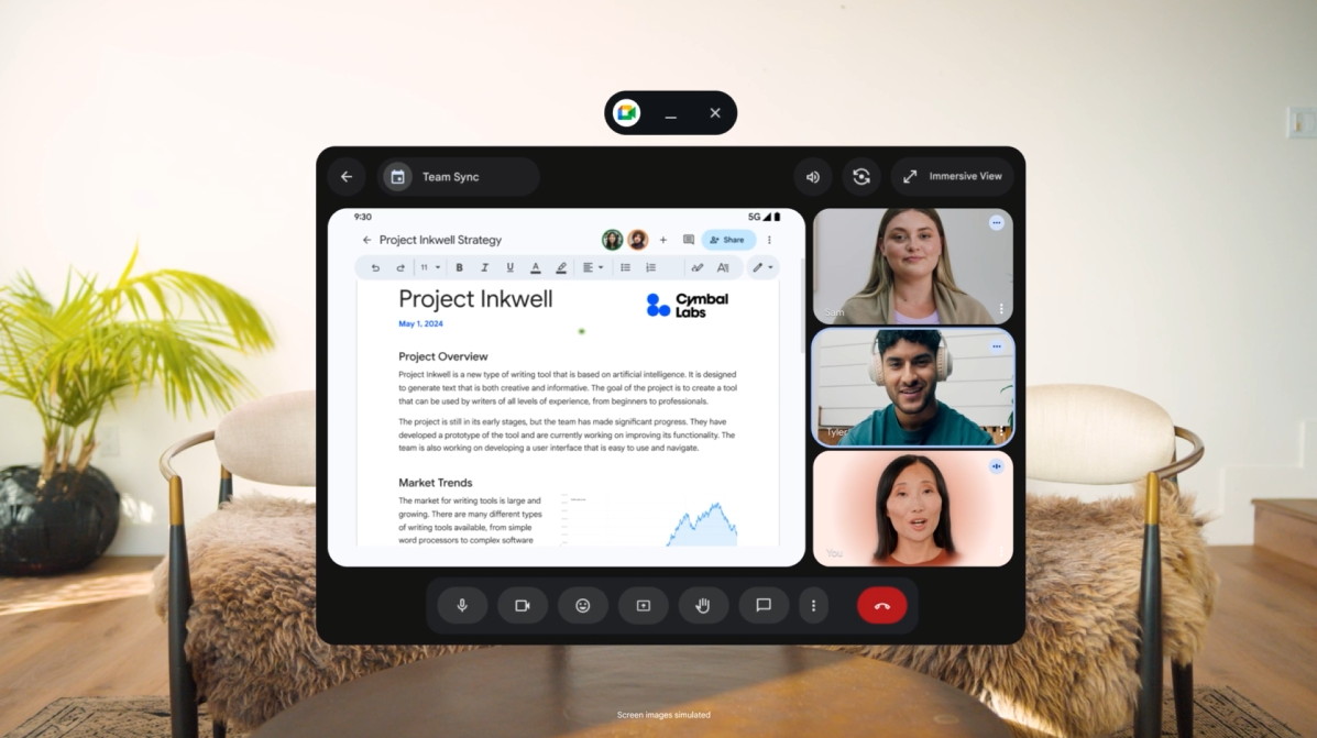 自分の顔がビデオ通話で表示され、表情はデジタル処理・表現で反映される(右下)