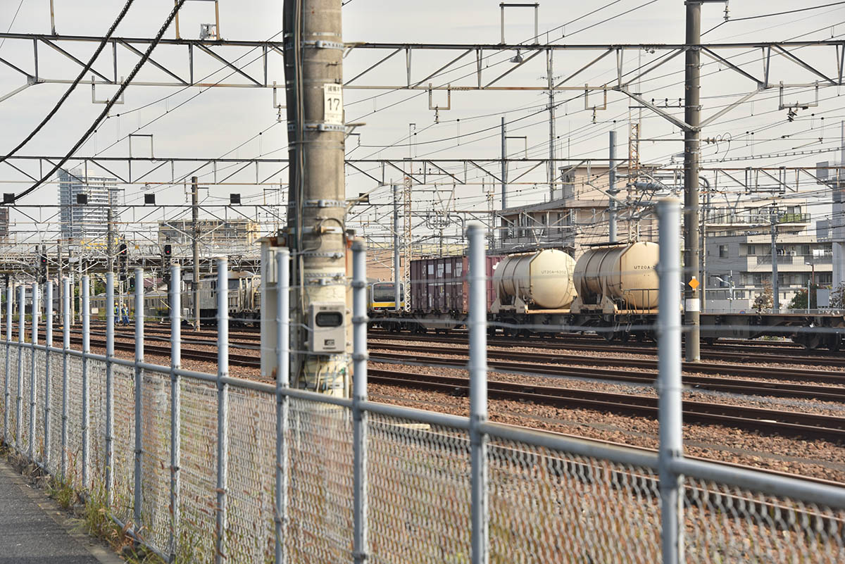 新小岩信号場にはコンテナ車や貨車が留置されている