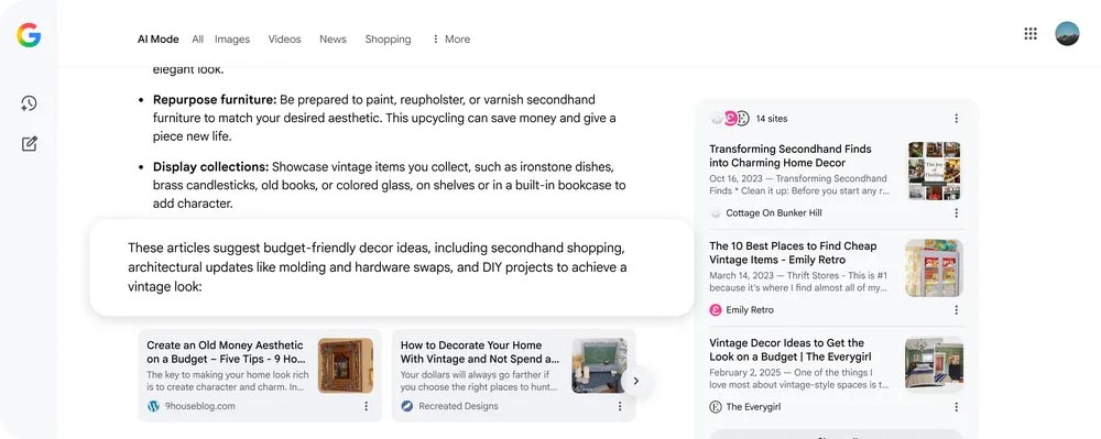 「予算内でヴィンテージホームデコを探す」の検索についてのAIモードの文脈紹介