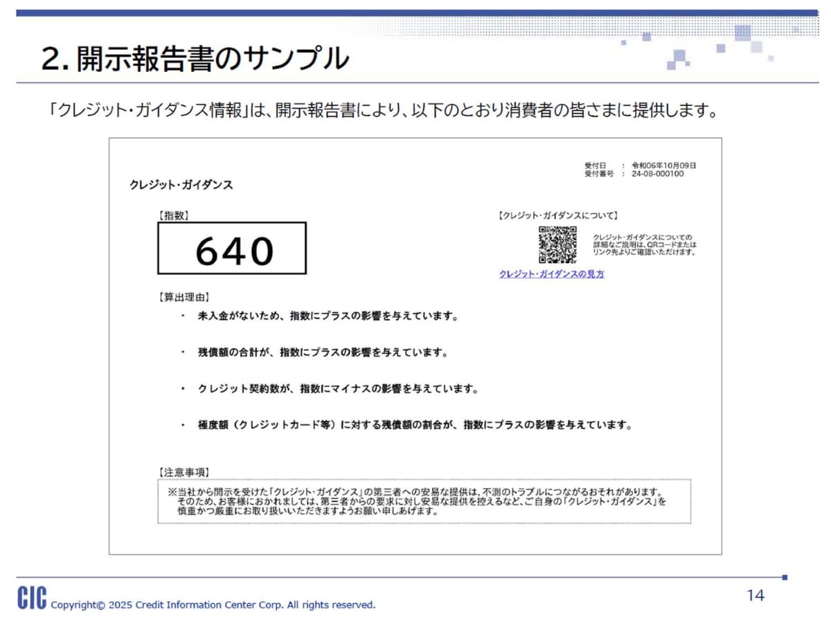 クレジット・ガイダンスの例。後述するとおり、指数と最大4つの「算出理由」が記載される