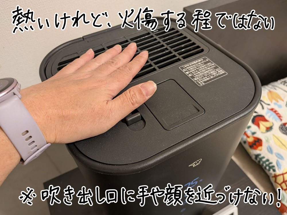 熱いけれど火傷するほどの蒸気ではない。※レビューのために手を近づけましたが吹き出し口には故意に手や顔を近づけないようにしましょう