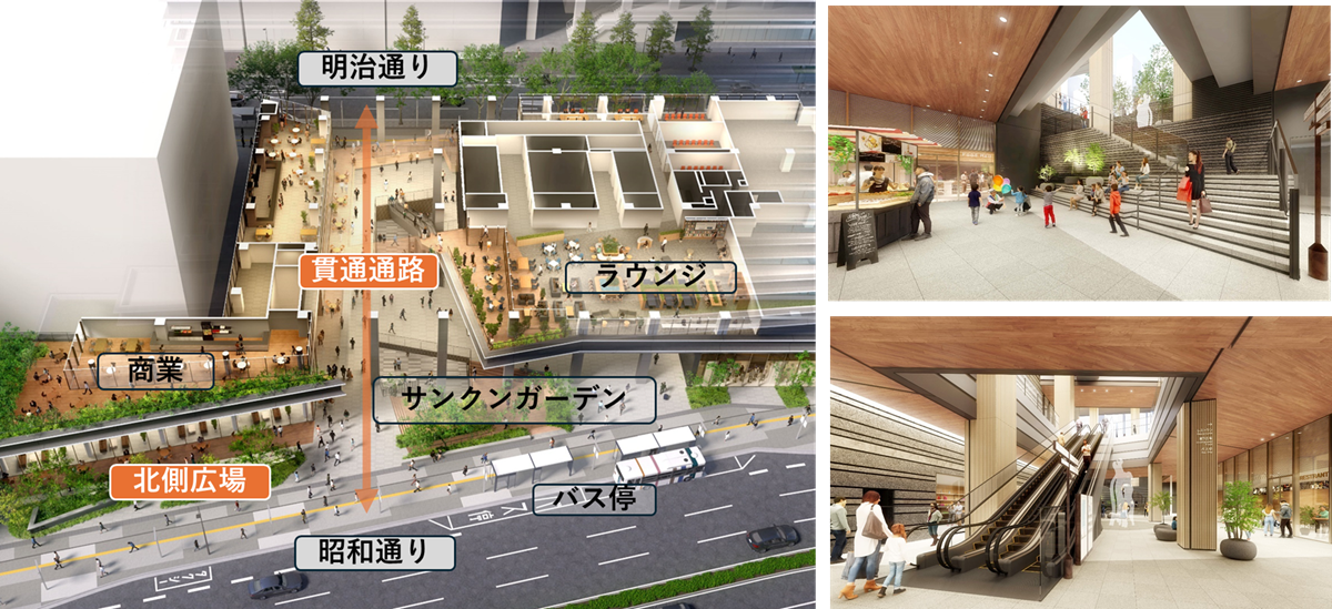 明治通りと昭和通りに大きく面している