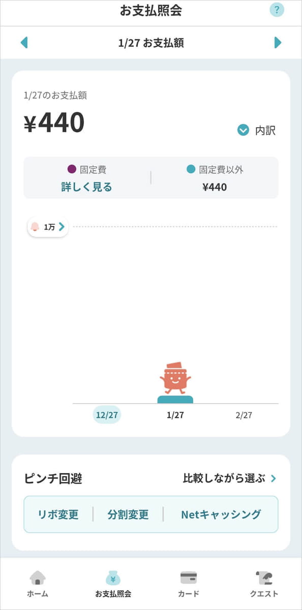 利用金額がグラフで表示されるほか、設定した金額(ここでは1万円)も確認できます