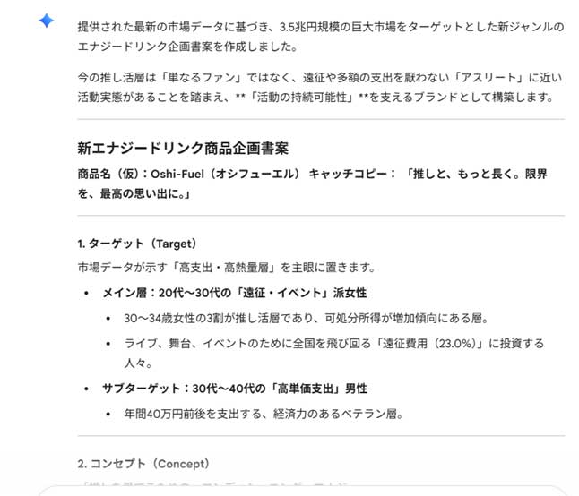 Geminiが出力した推し活をしている人向けの新しいエナジードリンクの企画書の構成案(一部)