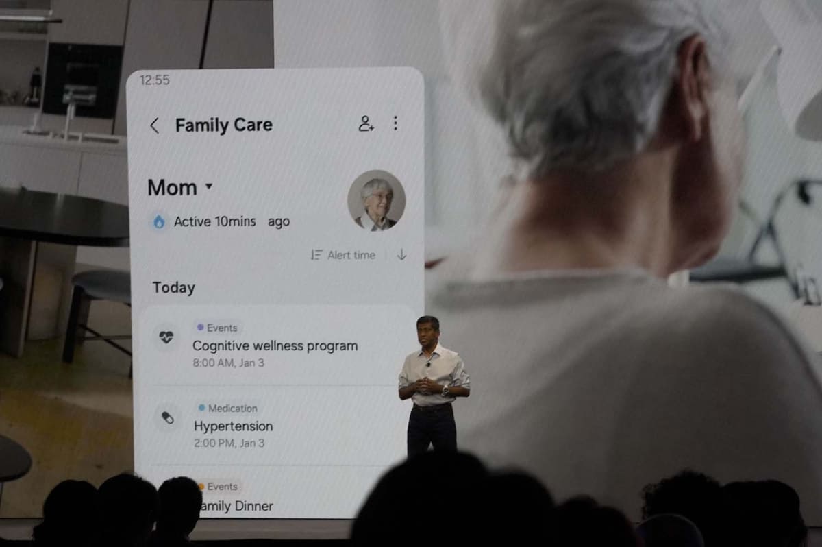 サムスンは家電やスマホから得られる兆候から「長寿のためのデータ」を得て、医師と連携して家族の健康を守る方向に