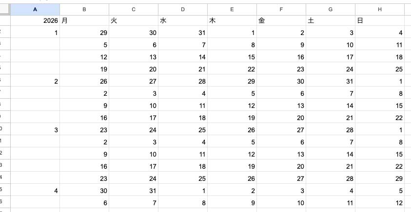 左の列に月の数字を入れる