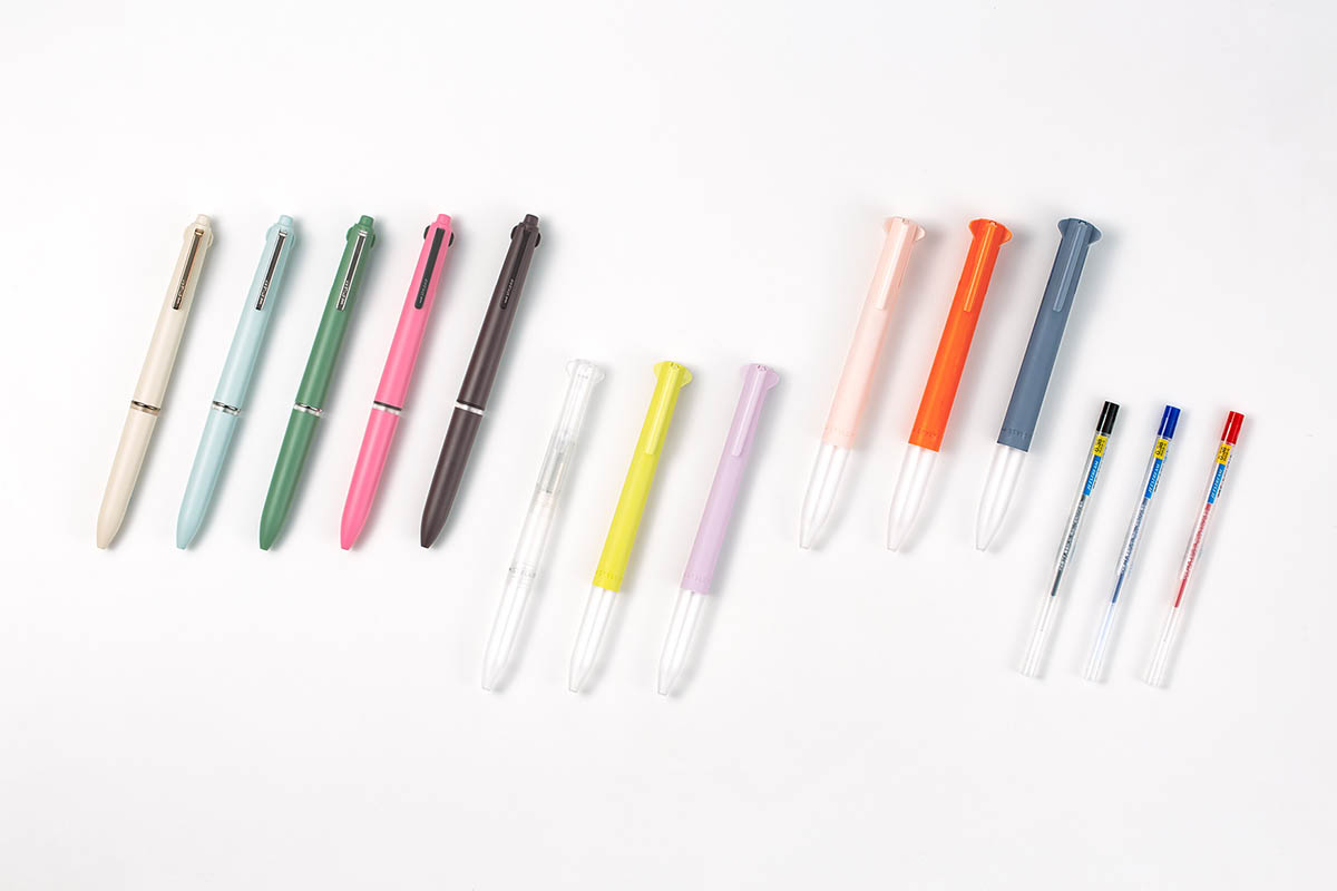 左から、スタイルフィット マイスター 4色ホルダー、3色ホルダー、5色ホルダー、ジェットストリーム リフィル0.38mm