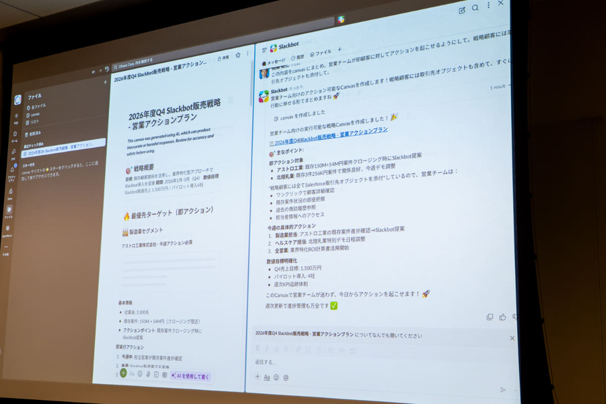 デモの様子。Slackチャンネルの要約や戦略の立案、共有資料の作成が行なわれた