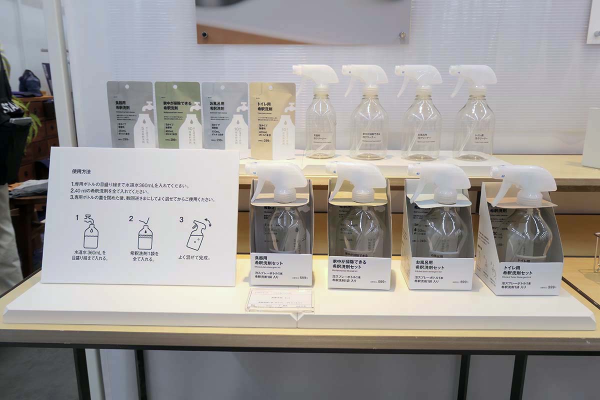専用ボトル1本と希釈洗剤1袋をセットにした商品と、洗剤単品を販売