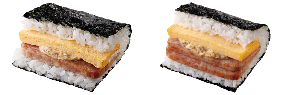 従来品と「盛りすぎ!具!おにぎり ポーク玉子(シーチキン マヨネーズ)」